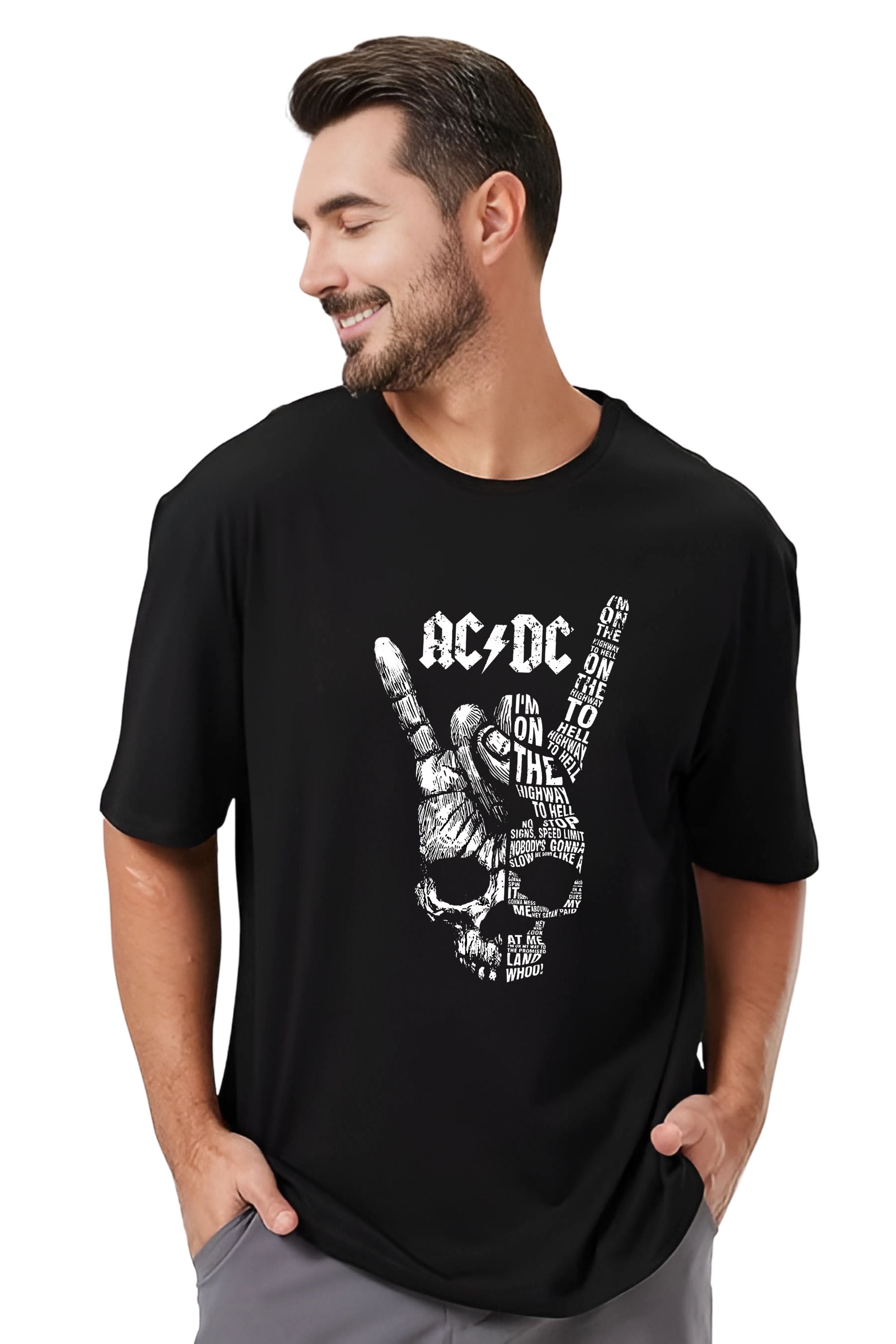 AC/DC Highway to Hell Rock Band T-Shirt, Black Oversize Cotton, Skull Design, Front and Back Print