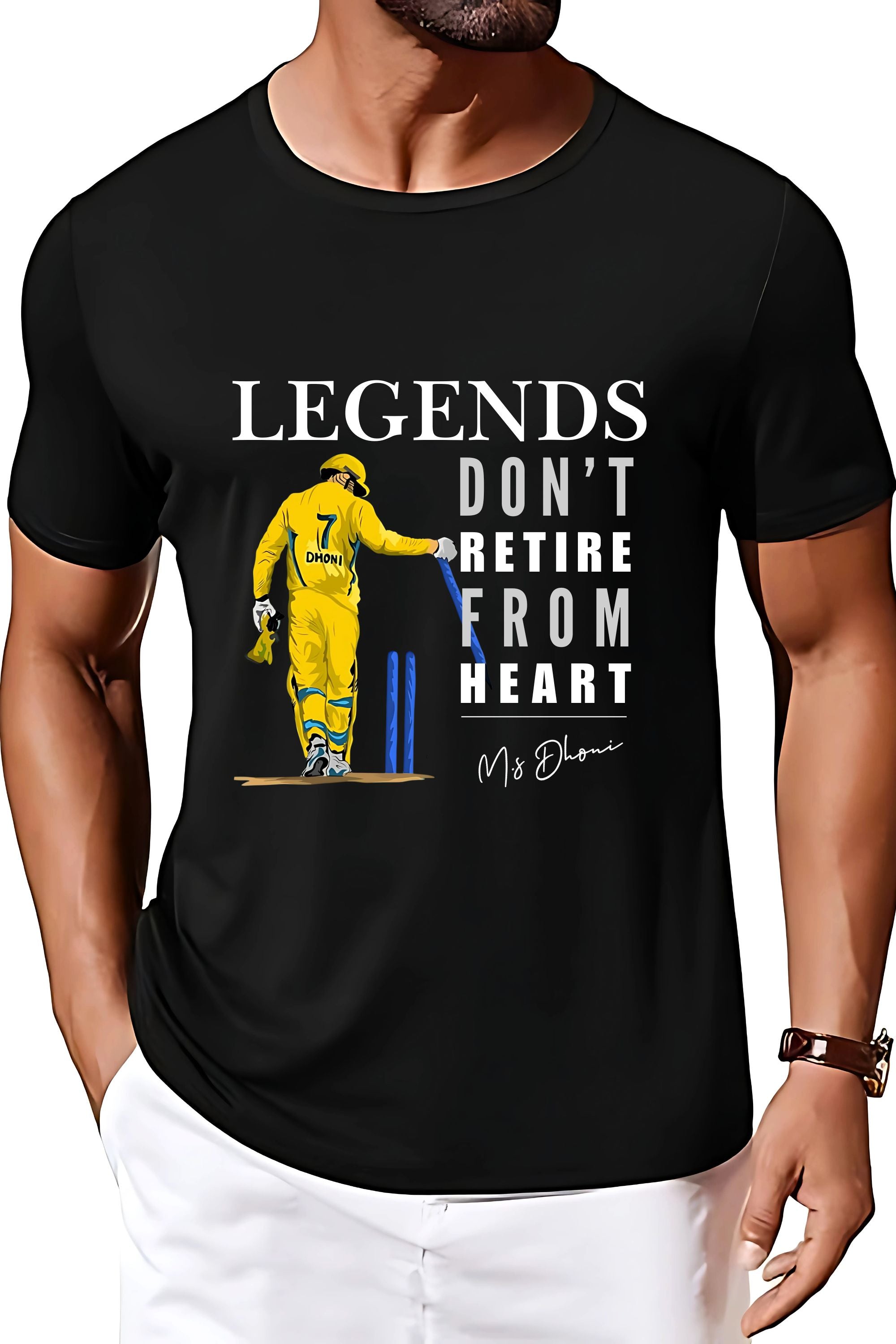 BRATMA Cricket Legend Dhoni Graphic T-Shirt, Legends Don't Retire from Heart Print, Black Cotton Round Neck, Sports Fan Wear