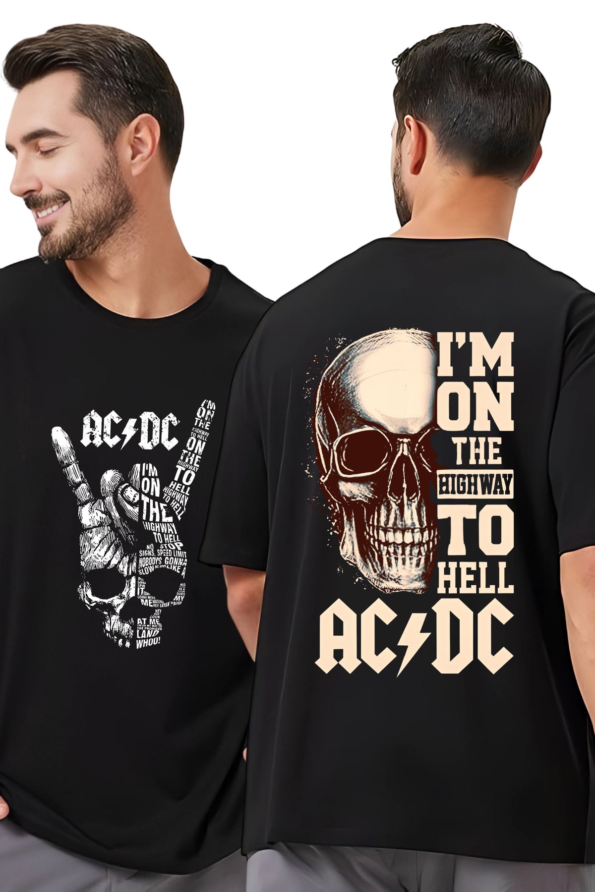 AC/DC Highway to Hell Rock Band T-Shirt, Black Oversize Cotton, Skull Design, Front and Back Print
