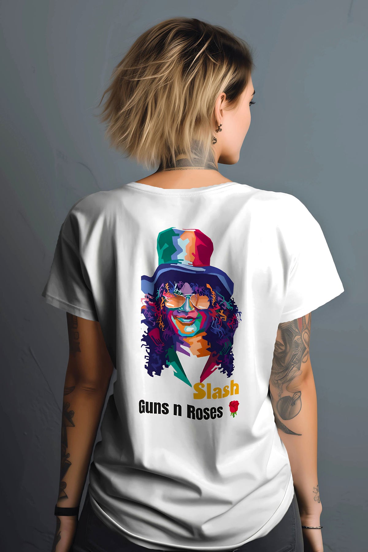 "Guns And Roses" Slash Graphics on T-Shirt Back and Front Side