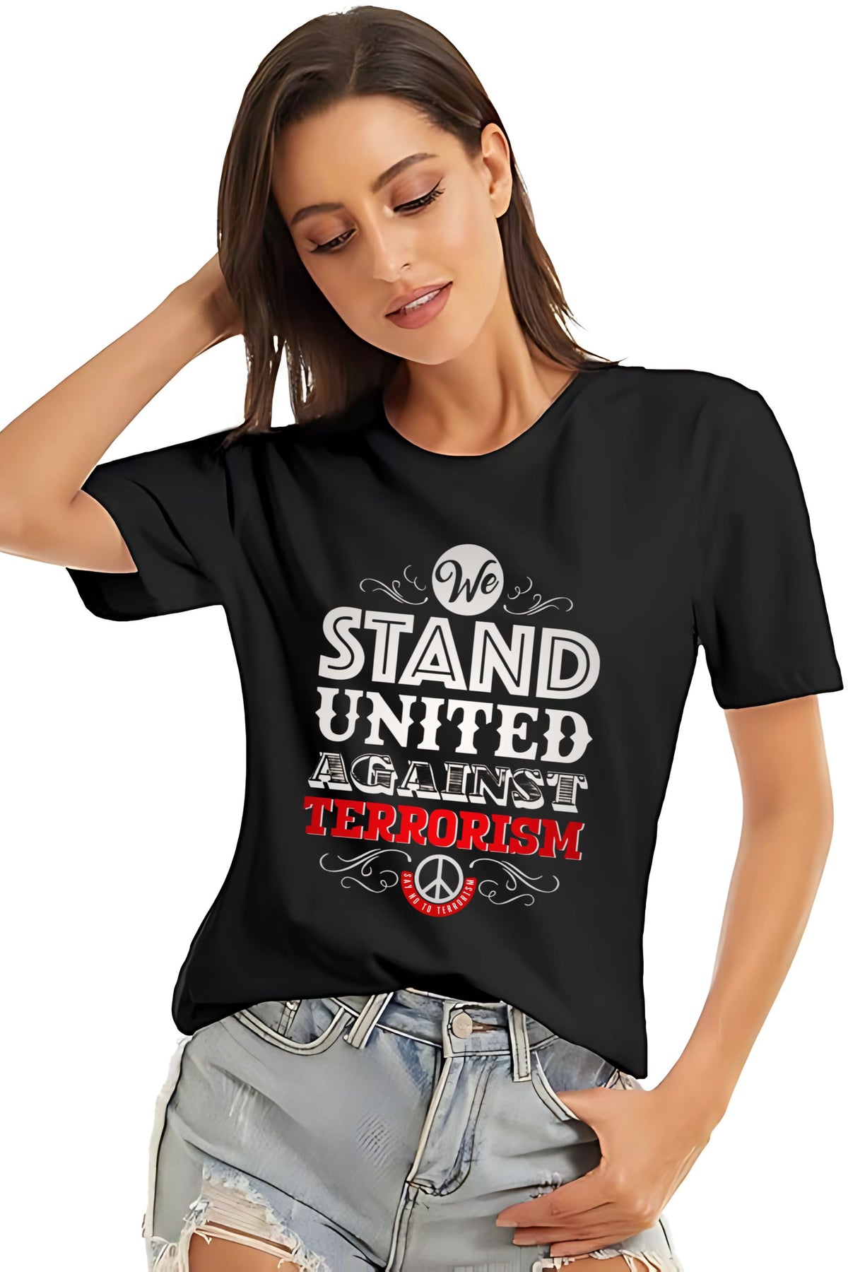 United Against Terrorism Peace Symbol T-Shirt, Black Graphic Print Cotton Tee