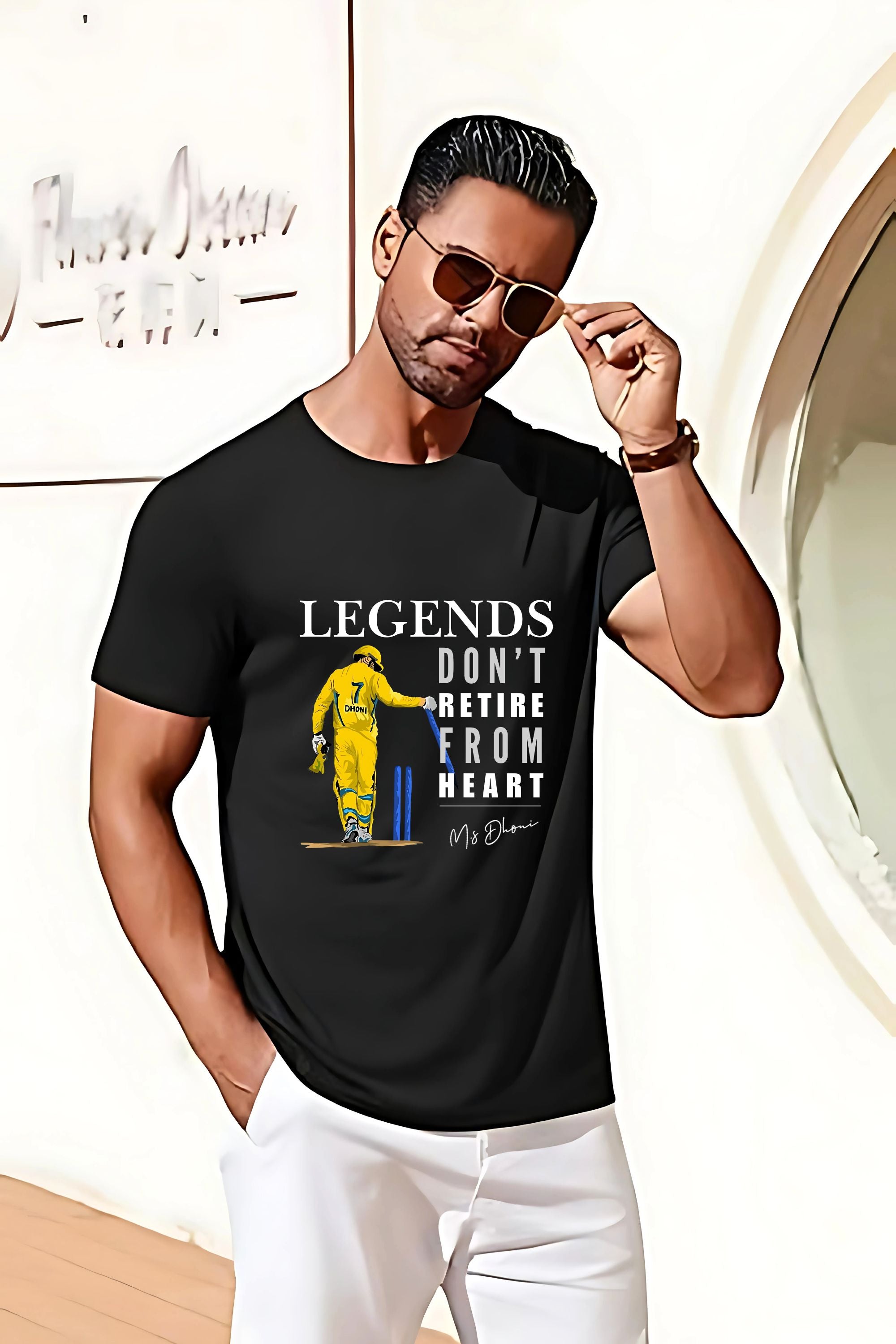 BRATMA Cricket Legend Dhoni Graphic T-Shirt, Legends Don't Retire from Heart Print, Black Cotton Round Neck, Sports Fan Wear