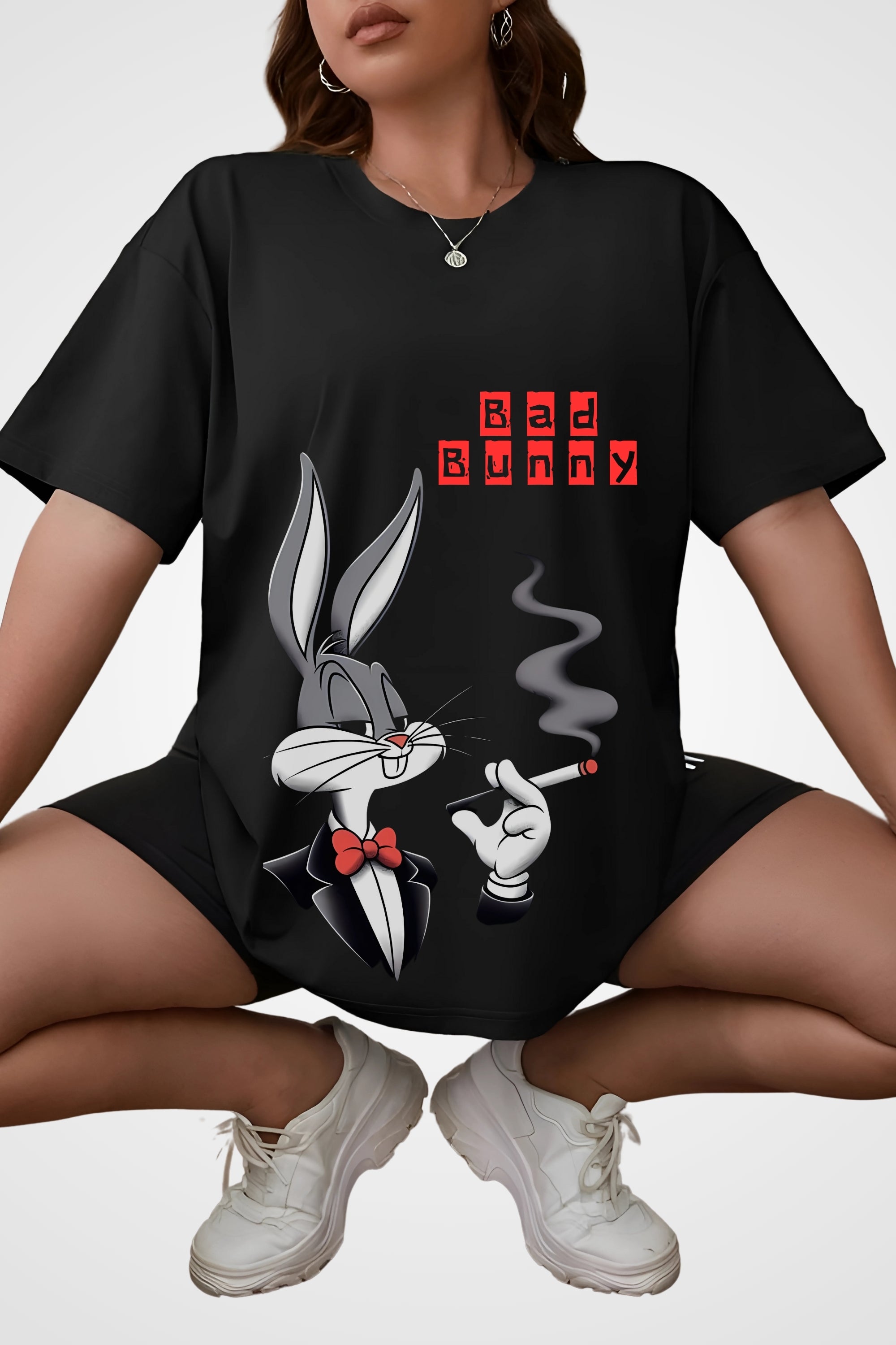 Bad Bunny Graphic T-Shirt, Black Cotton, Smoking Rabbit Print with Red