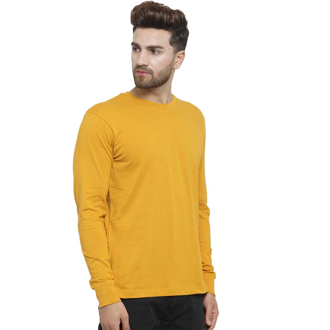 Men Mustard Full Sleeves Plain T-Shirt