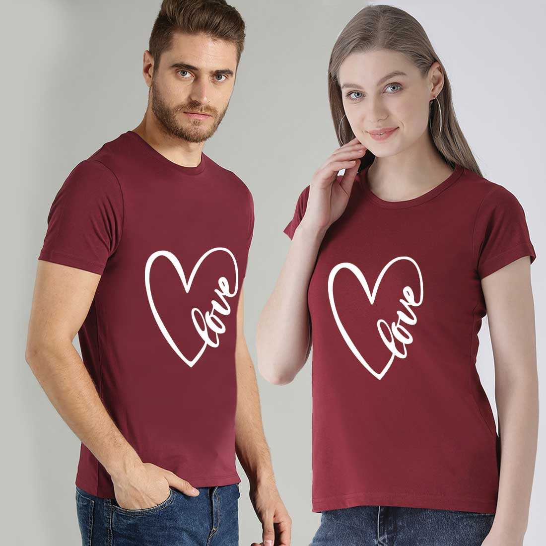 Love Printed Maroon Couple Tees