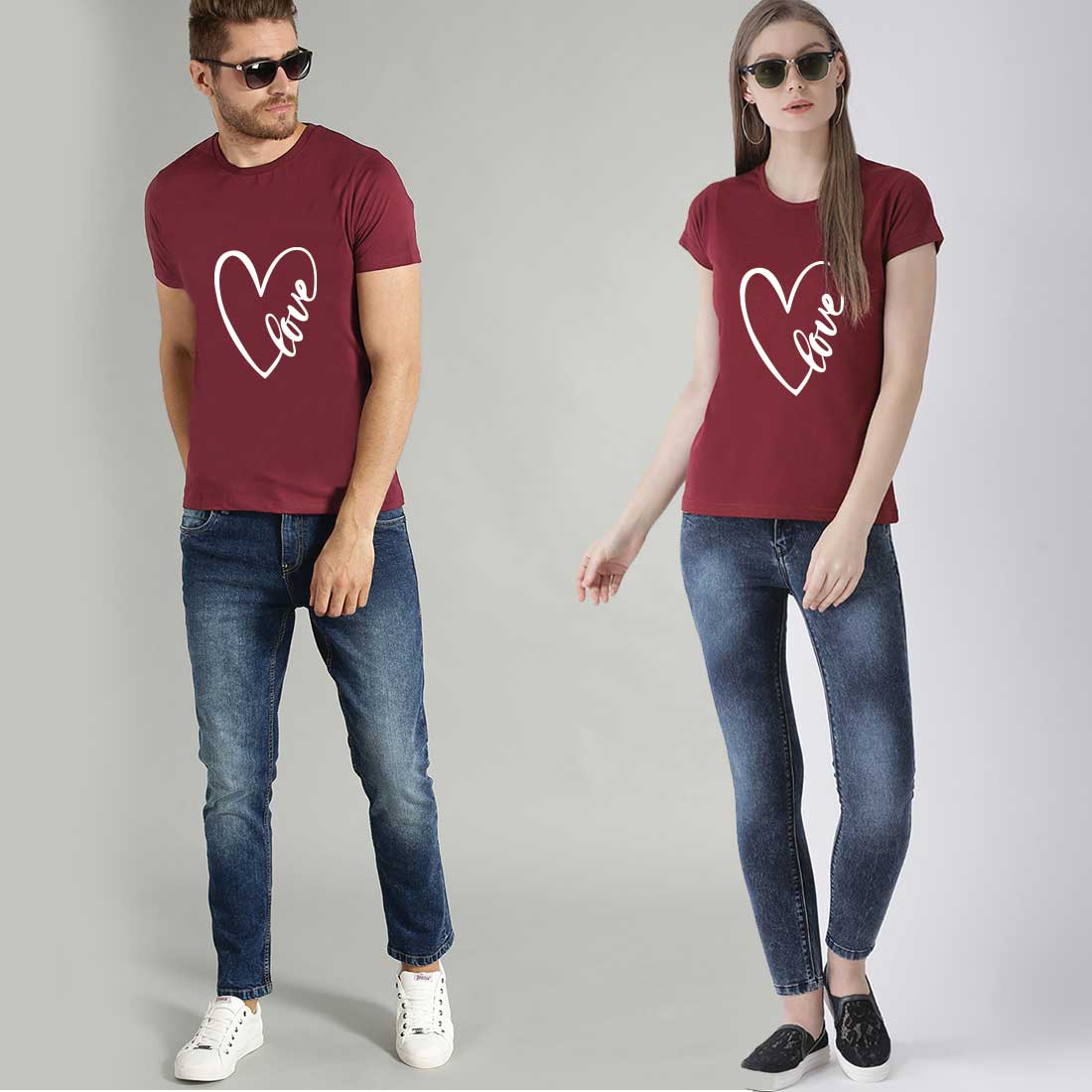 Love Printed Maroon Couple Tees