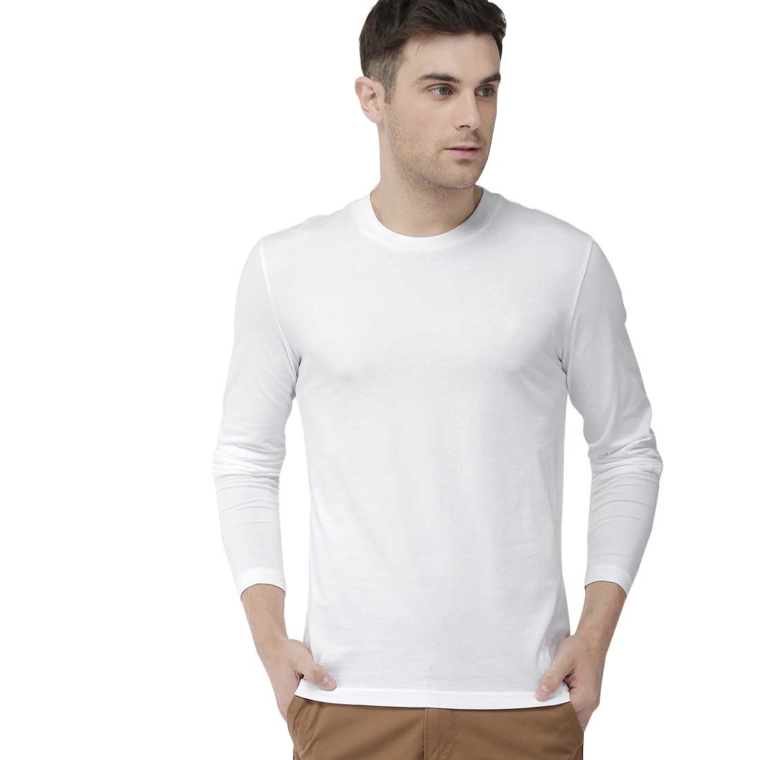 Men White Full Sleeves Plain T-Shirt
