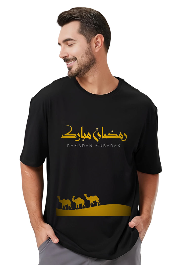 Ramadan EID Mubarak Oversize T-Shirt with Arabic Calligraphy and Camel Design, Black