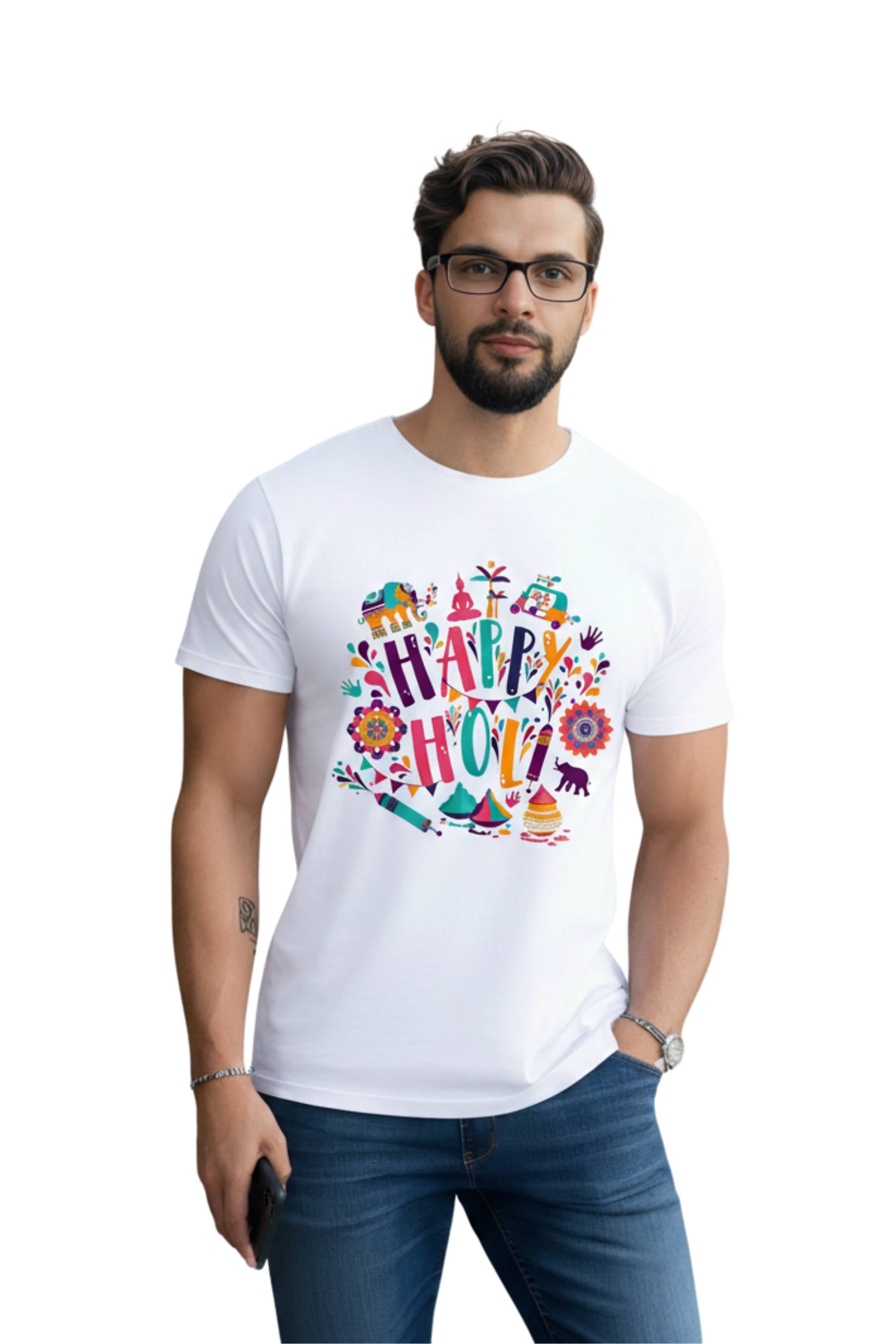 Happy Holi Festival Graphic T-Shirt, Unisex, White Polyester