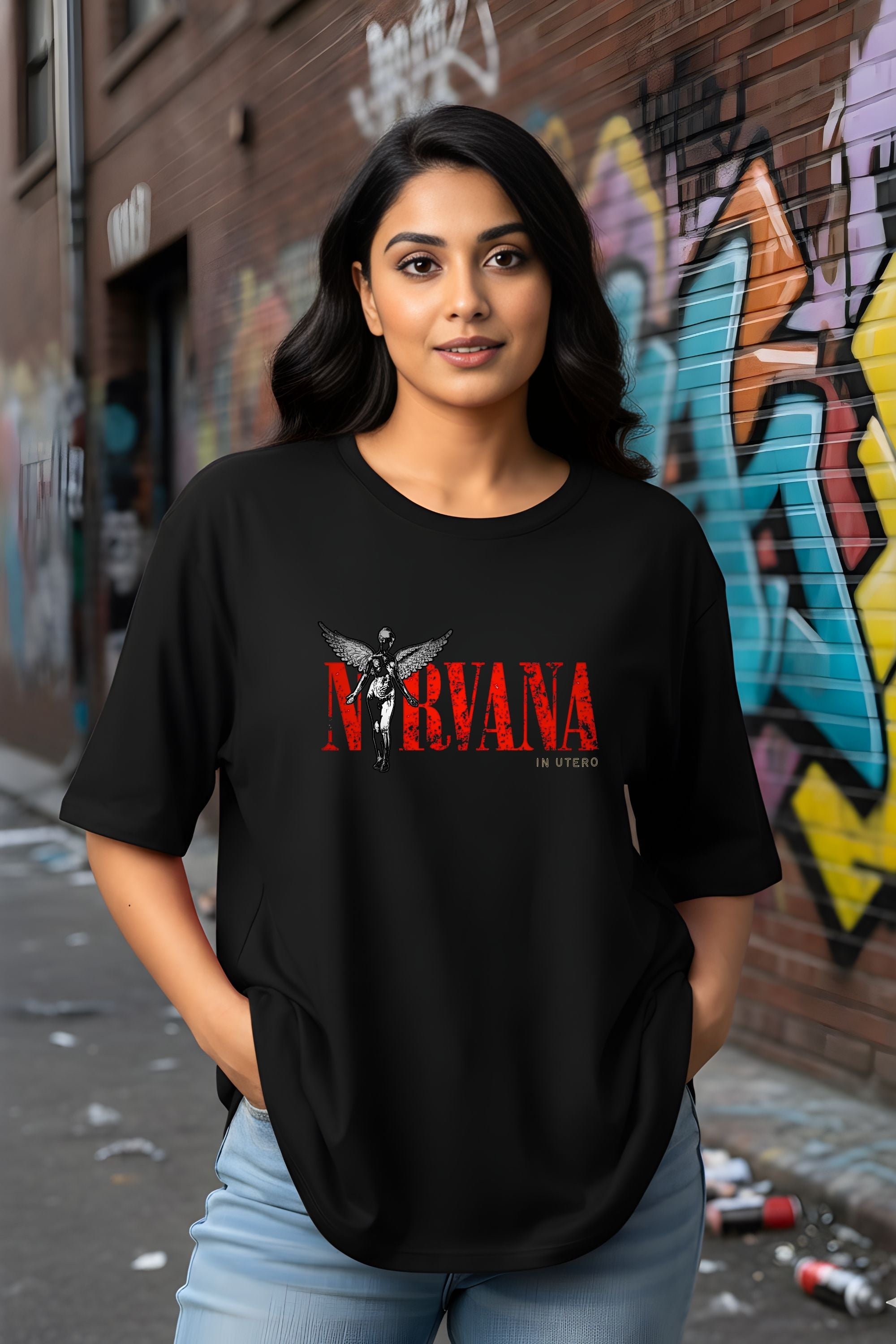Nirvana in Utero Graphic Oversize T-Shirt, Black, Short Sleeve, Front