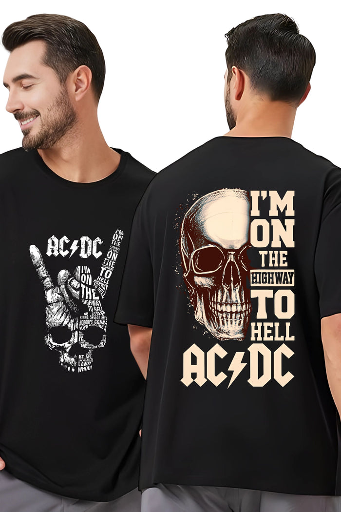 AC/DC Highway to Hell Rock Band T-Shirt, Black Oversize Cotton, Skull Design, Front and Back Print