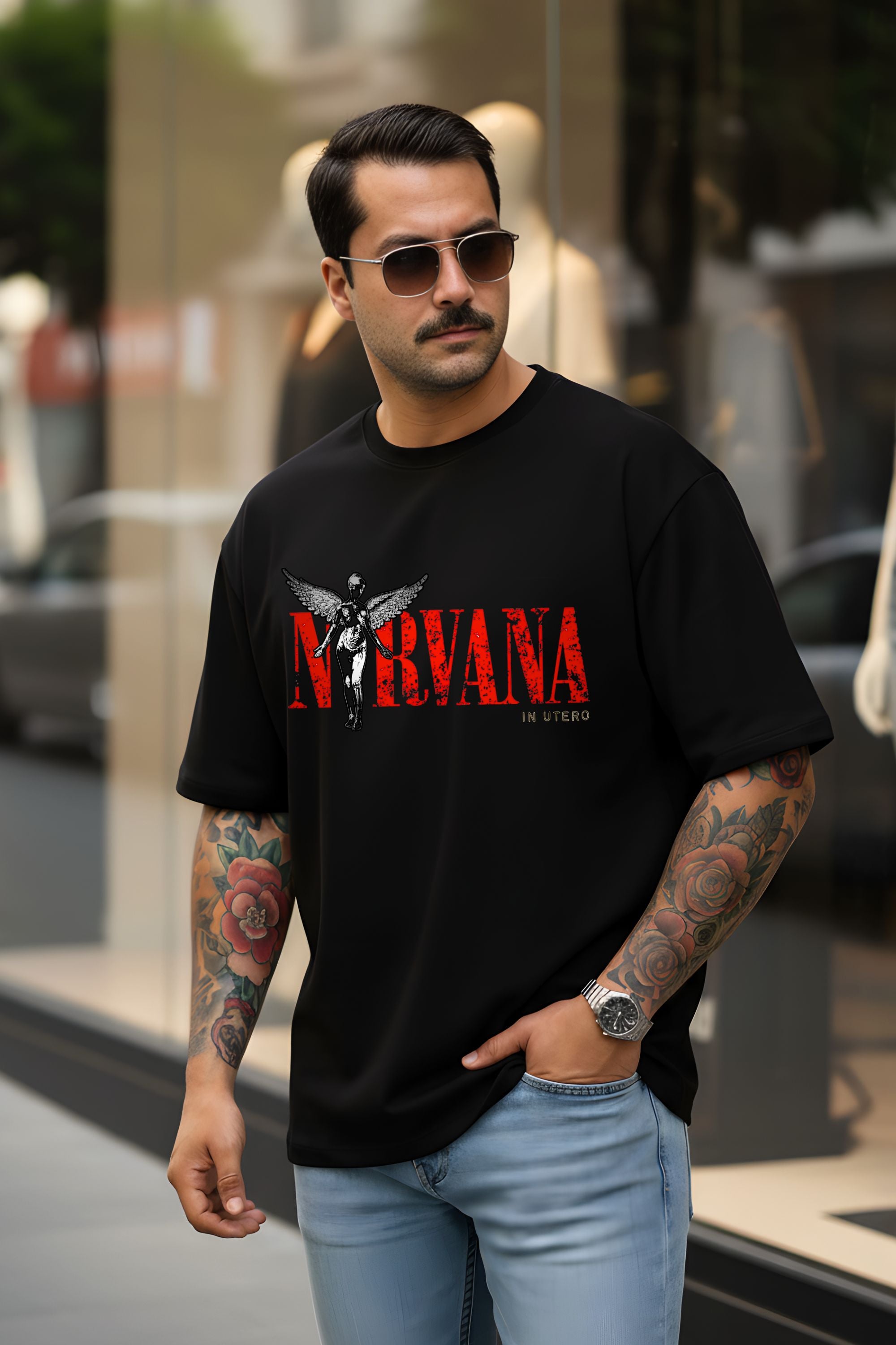 Nirvana in Utero Graphic Oversize T-Shirt, Black, Short Sleeve, Front and Back Print, Unisex