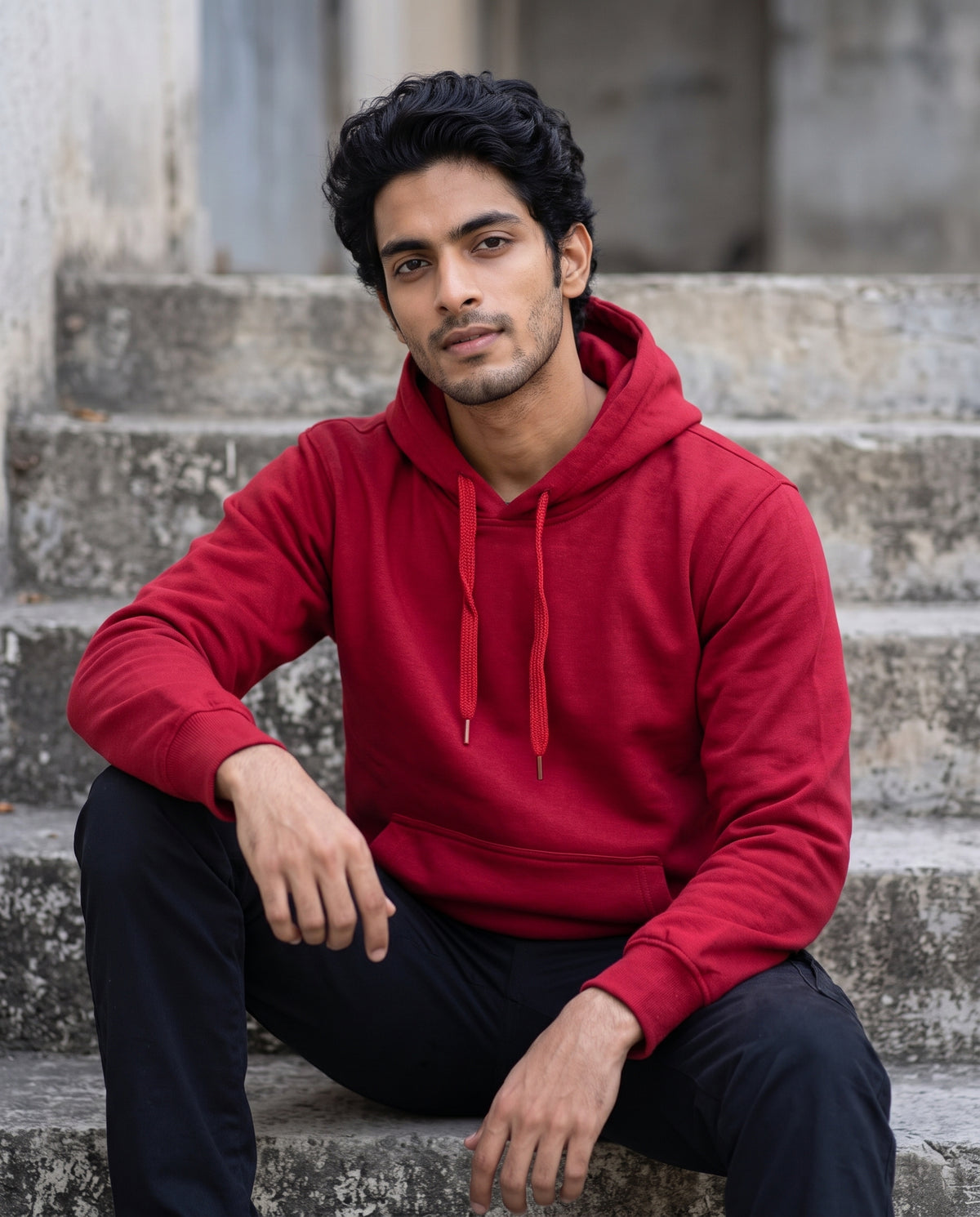 BRATMA Unisex Adult Solid Red Hooded Sweatshirt | Cotton Blend Fleece | Regular Fit | Long Sleeves | Front Pocket | Red