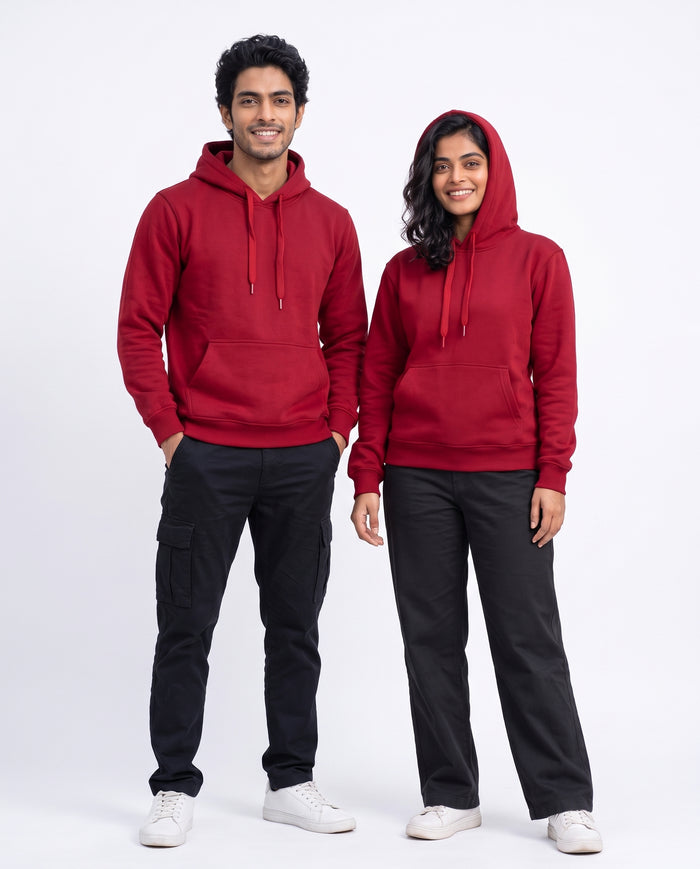 BRATMA Unisex Adult Solid Red Hooded Sweatshirt | Cotton Blend Fleece | Regular Fit | Long Sleeves | Front Pocket | Red