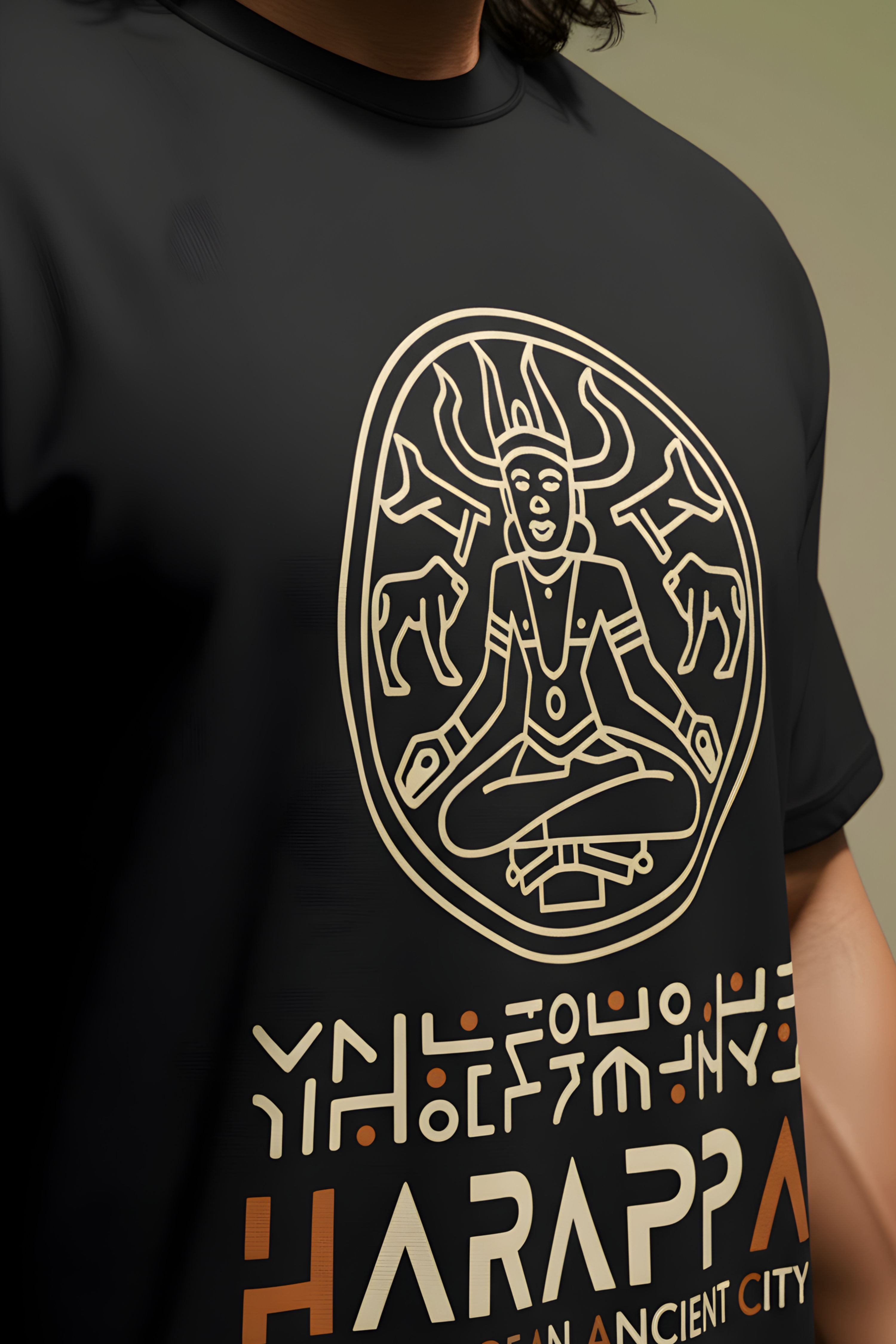 Harappa Ancient History Graphic Print Unisex Oversized T-Shirt, Black, Cotton, Half Sleeve, Crew Neck, Casual