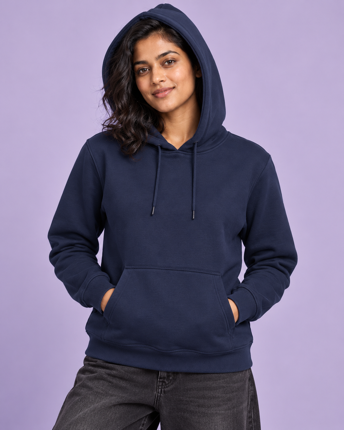 BRATMA Unisex Adult Solid Navy Blue Hooded Sweatshirt | Cotton Blend Fleece | Regular Fit | Long Sleeves | Front Pocket | Navy Blue