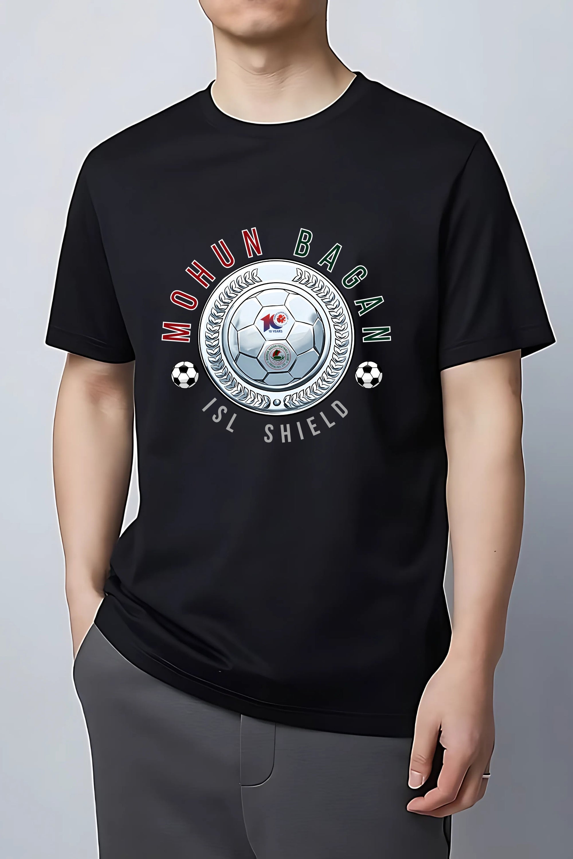 Mohun Bagan ISL Shield Football T-Shirt, Black, Soccer Fan Graphic Print