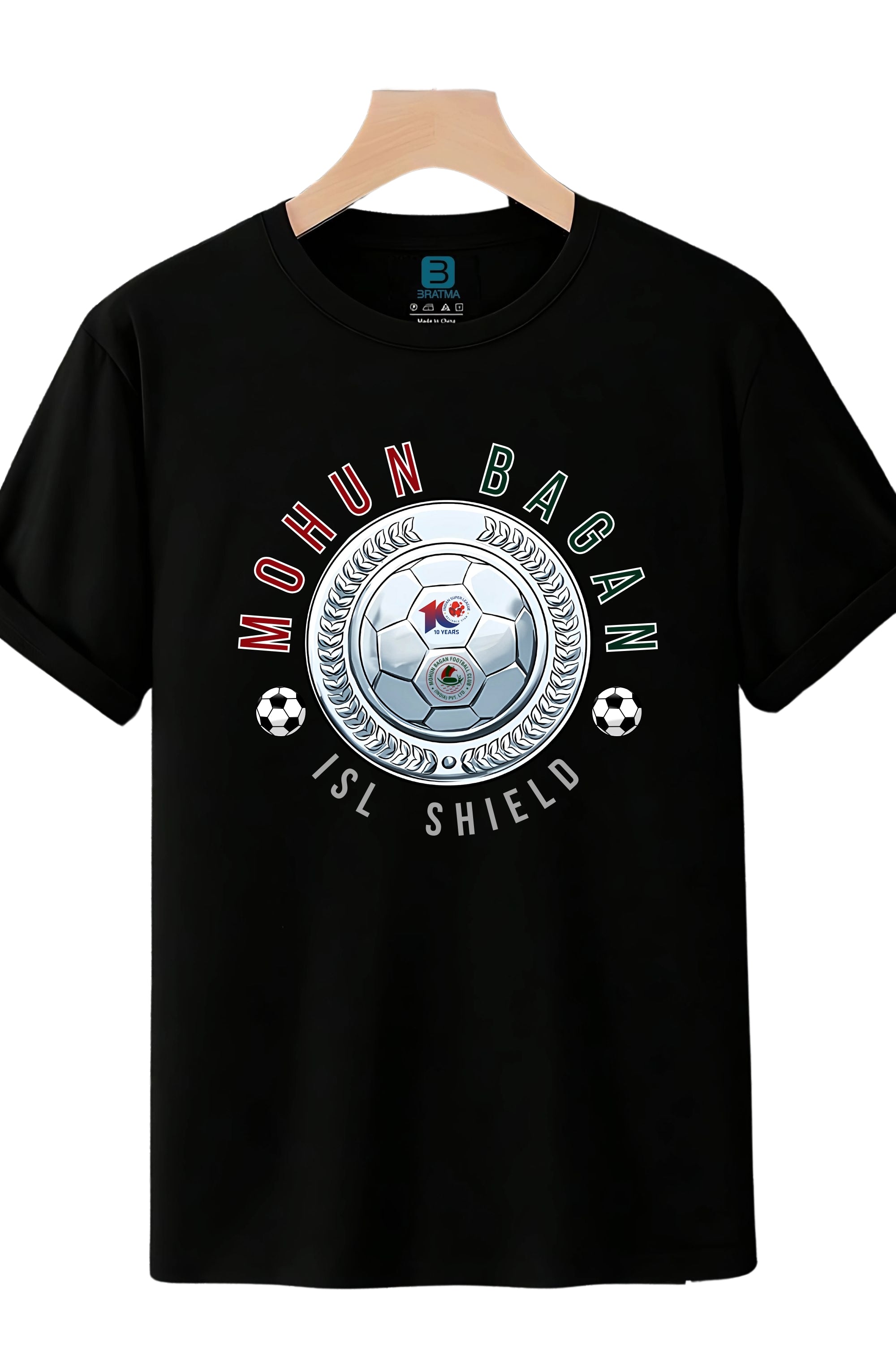 Mohun Bagan ISL Shield Football T-Shirt, Black, Soccer Fan Graphic Print