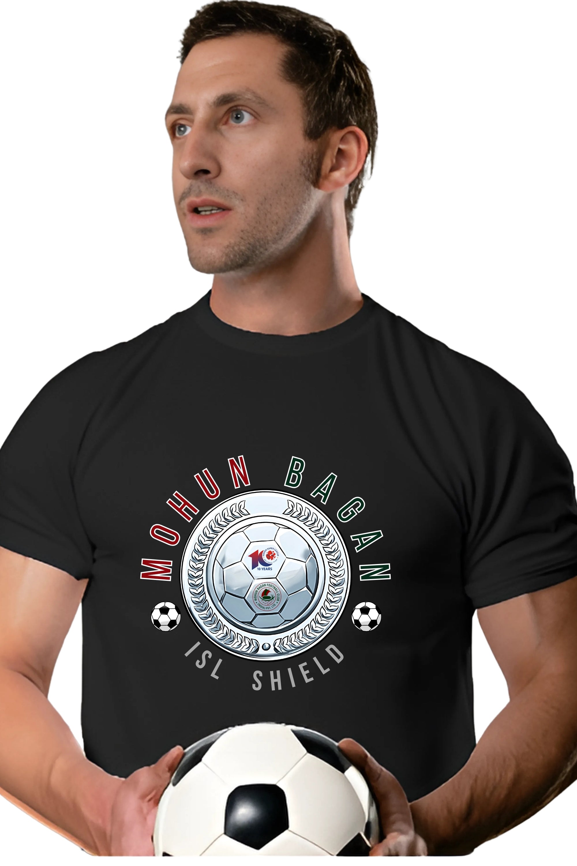 Mohun Bagan ISL Shield Football T-Shirt, Black, Soccer Fan Graphic Print