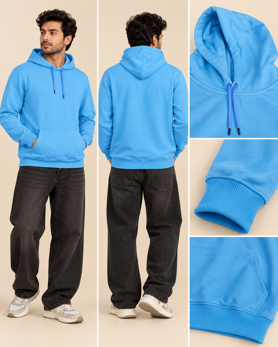 BRATMA Unisex Adult Solid Sky Blue Hooded Sweatshirt | Cotton Blend Fleece | Regular Fit | Long Sleeves | Front Pocket | Sky Blue
