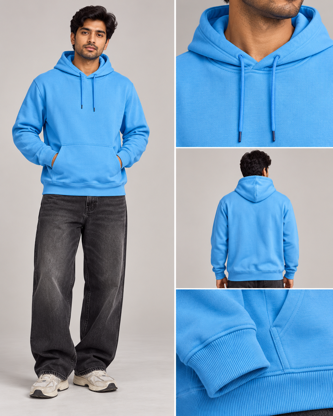 BRATMA Unisex Adult Solid Sky Blue Hooded Sweatshirt | Cotton Blend Fleece | Regular Fit | Long Sleeves | Front Pocket | Sky Blue