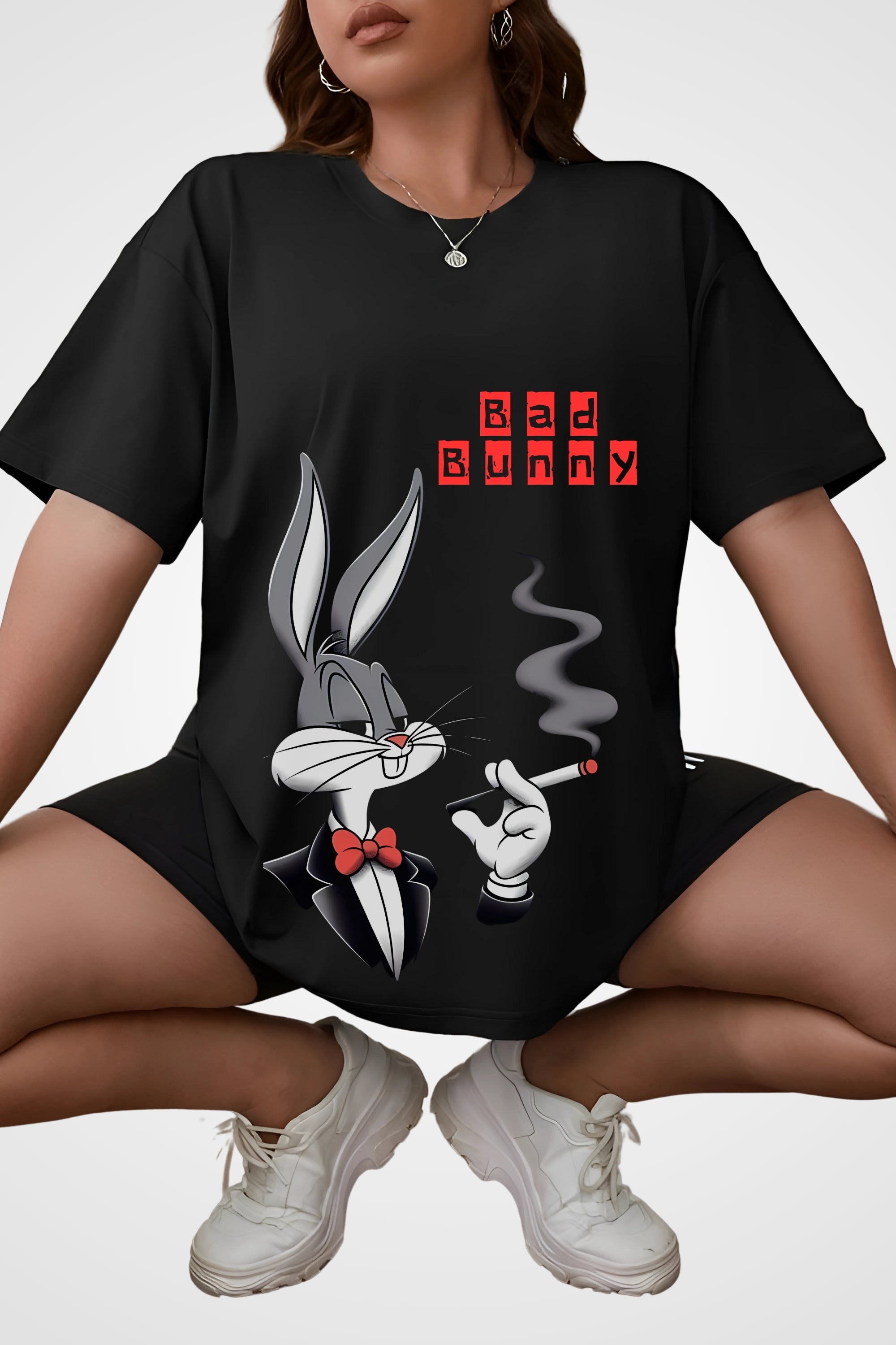 Bad Bunny Graphic T-Shirt, Black Cotton, Smoking Rabbit Print with Red Bow Tie Design