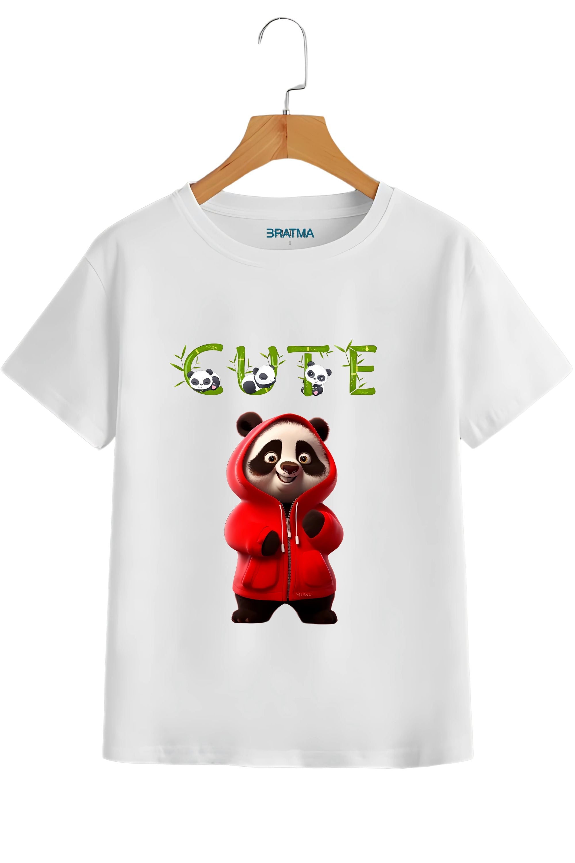 Cute Panda Graphic T-Shirt, White Cotton, Bamboo Text Design with Red Hoodie Panda Print