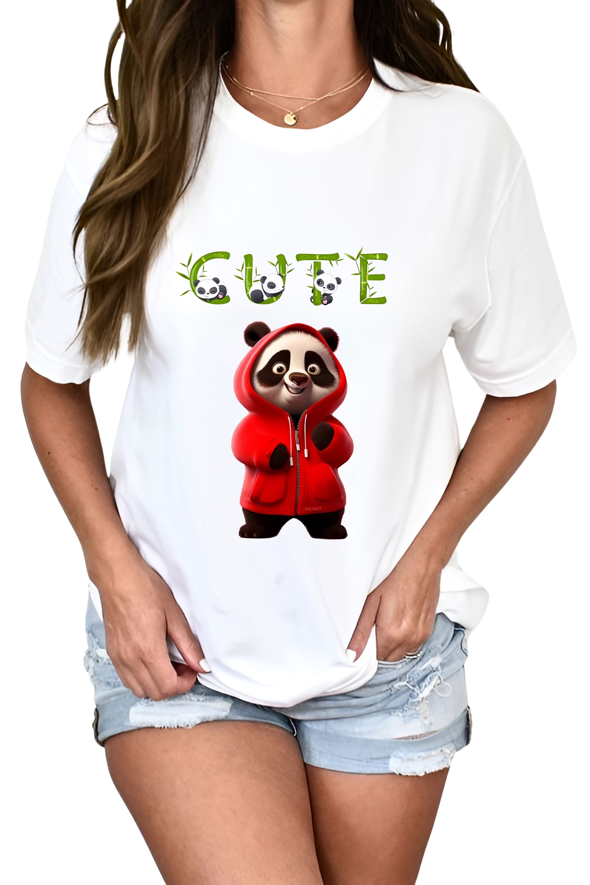 Cute Panda Graphic T-Shirt, White Cotton, Bamboo Text Design with Red Hoodie Panda Print