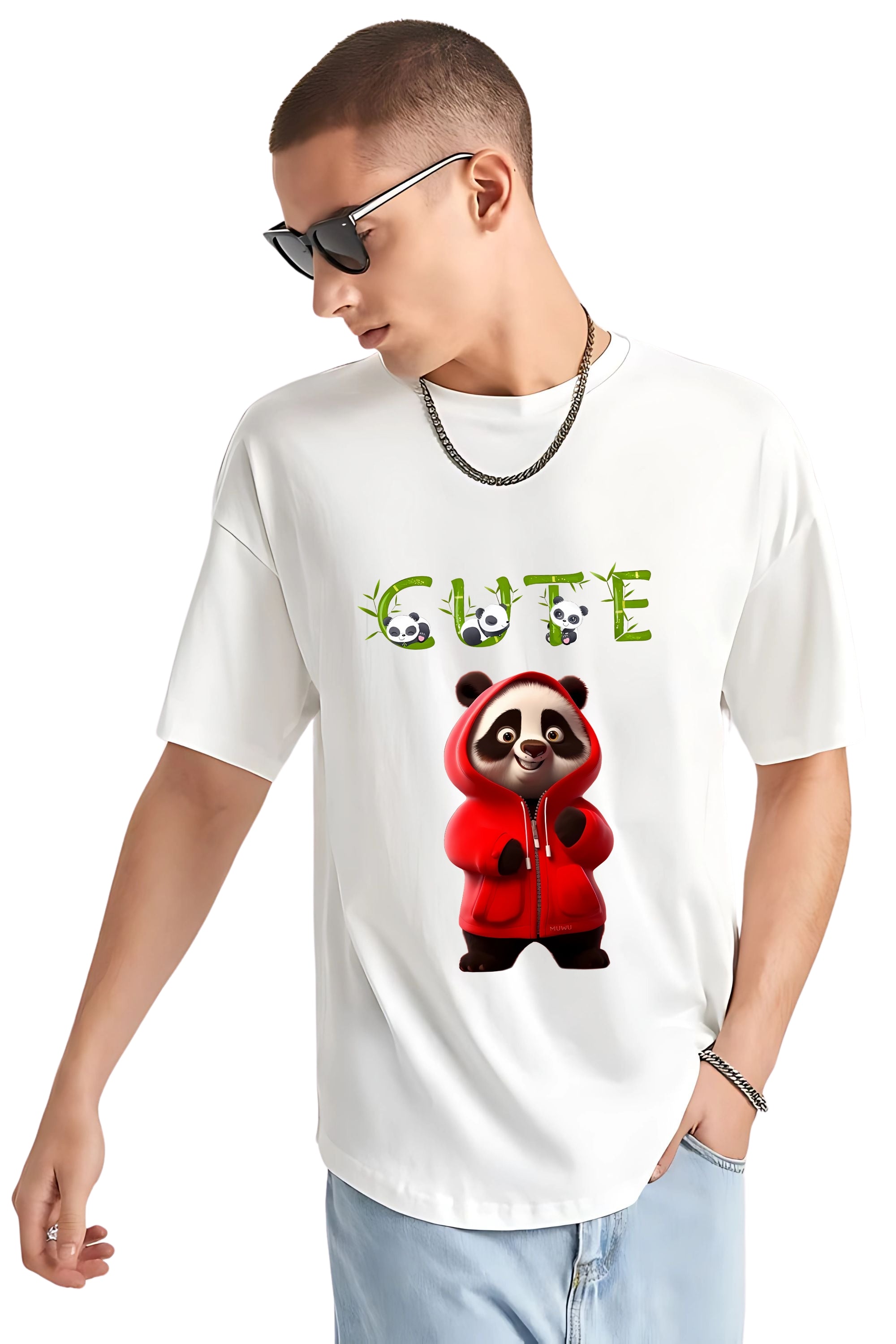 Cute Panda Graphic T-Shirt, White Cotton, Bamboo Text Design with Red Hoodie Panda Print