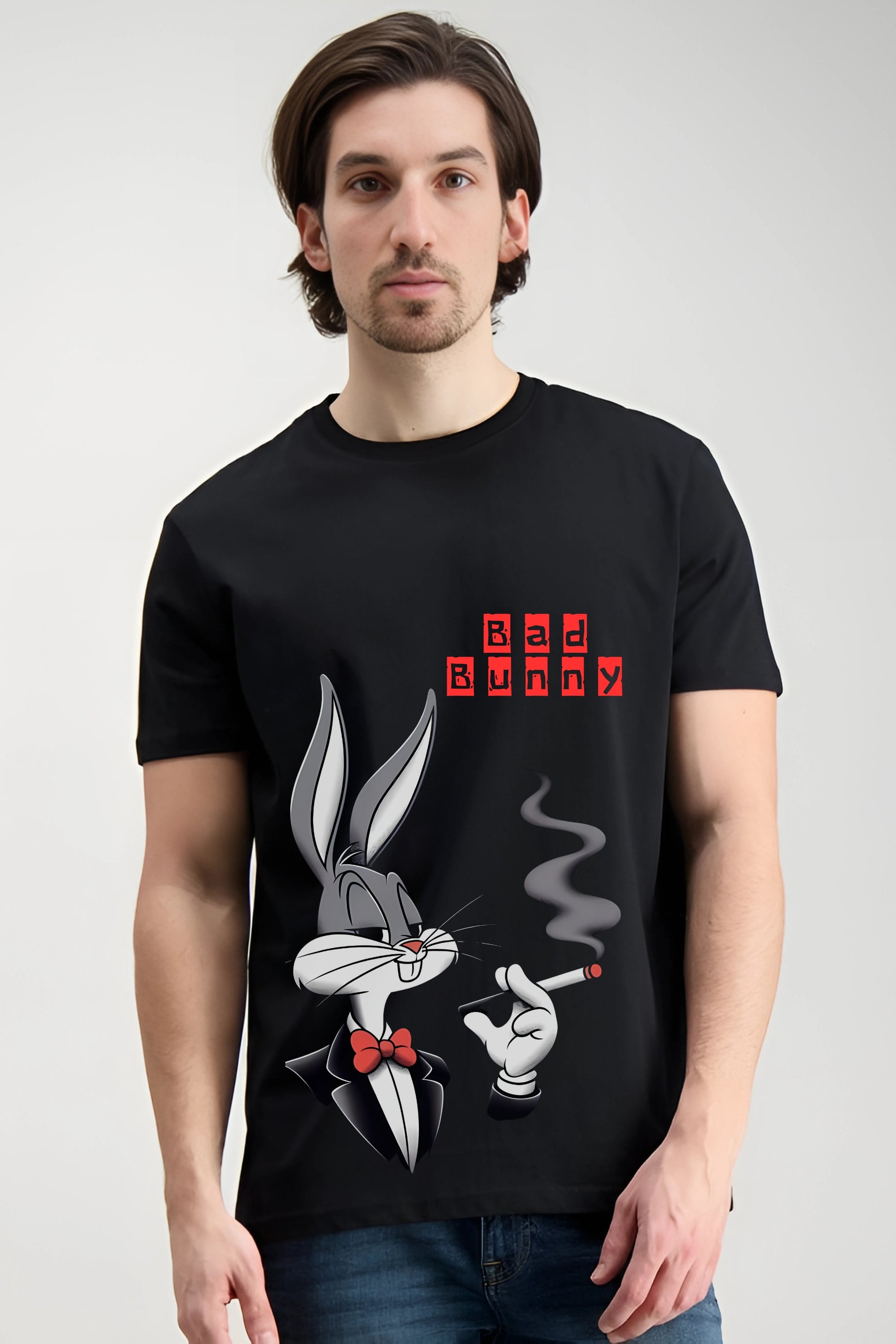 Bad Bunny Graphic T-Shirt, Black Cotton, Smoking Rabbit Print with Red Bow Tie Design