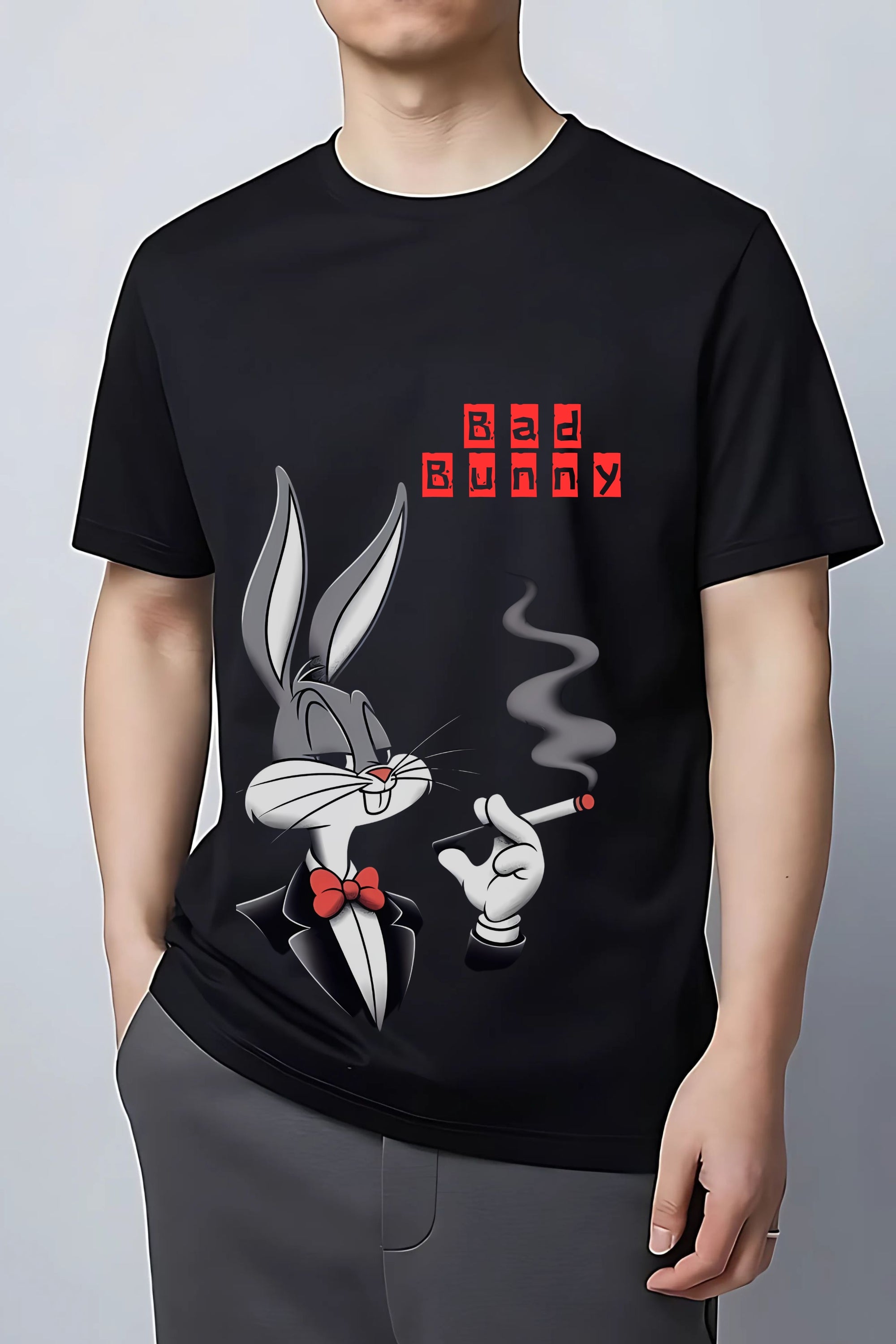 bad bunny smoking cigarette Bad Bunny Graphic T-Shirt, Black Cotton, Smoking Rabbit Print with Red bad bunny smoking cigarette Bad Bunny Graphic T-Shirt, Black Cotton, Smoking Rabbit Print with Red