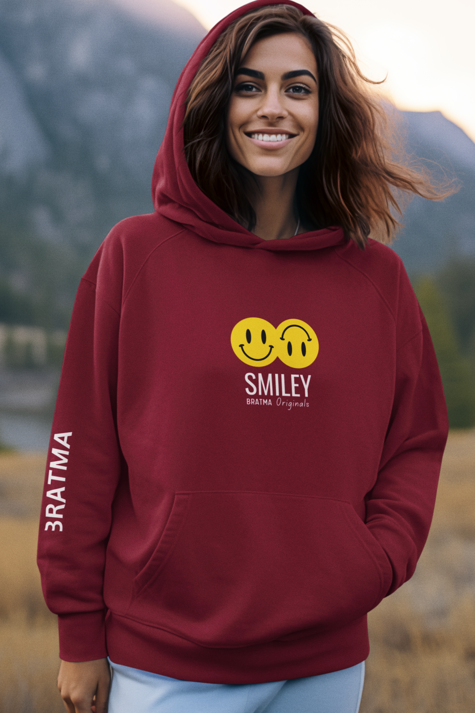 MAROON SMILEY PRINTED HOODIE FOR WOMEN