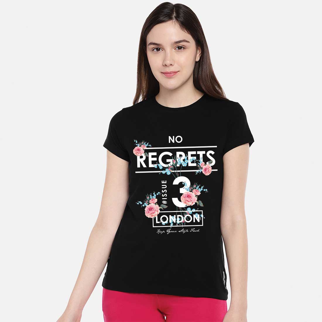 NO REGRETS Black T-Shirt For Women