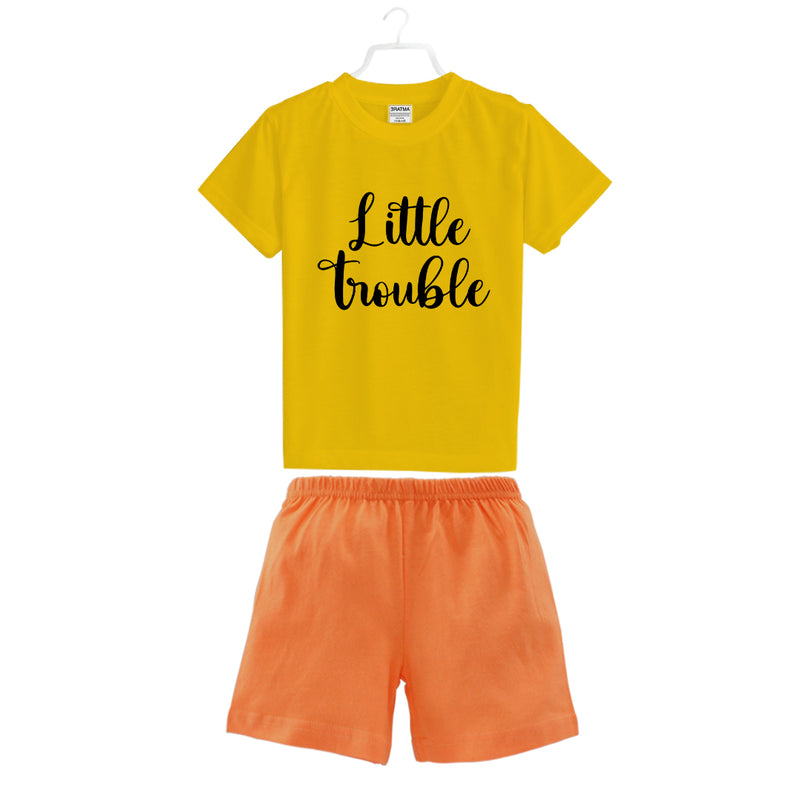 Little Trouble printed T-Shirts and Plain Shorts for Girls  - Multicolor