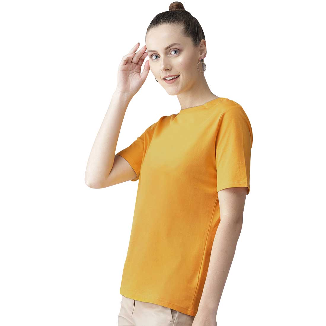Woman Mustered Half Sleeves Plain T-Shirt