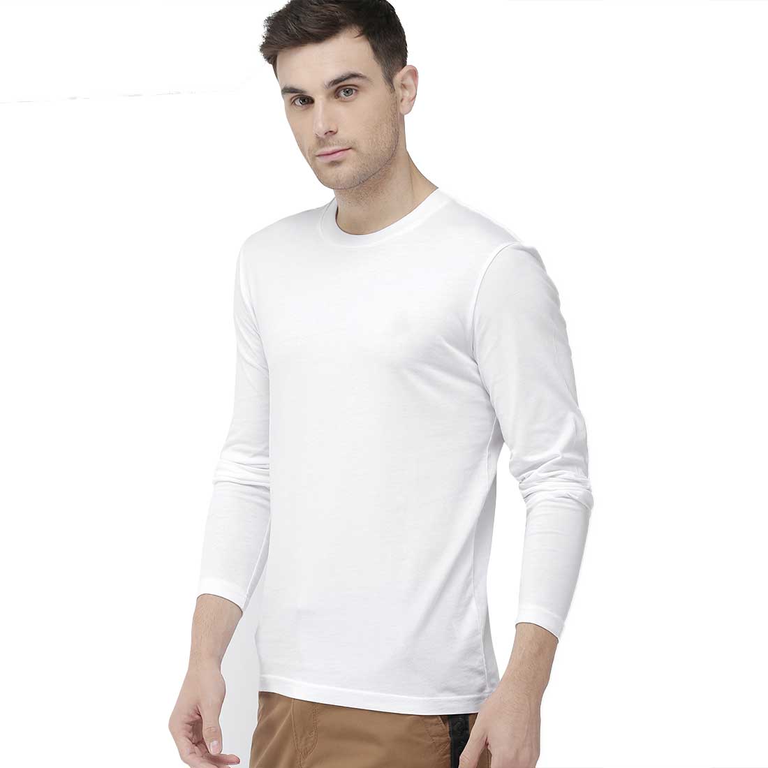 Men White Full Sleeves Plain T-Shirt